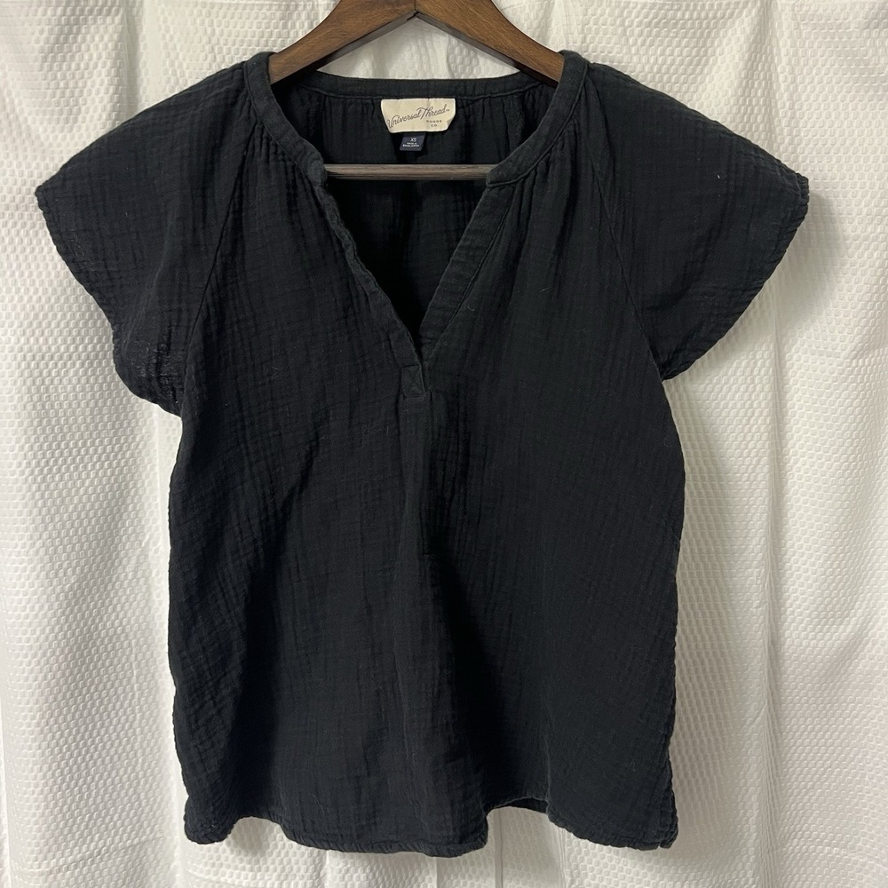 Cotton Gauze Bubble Blouse V Neck Flutter Sleeve Black Universal Thread Size XS